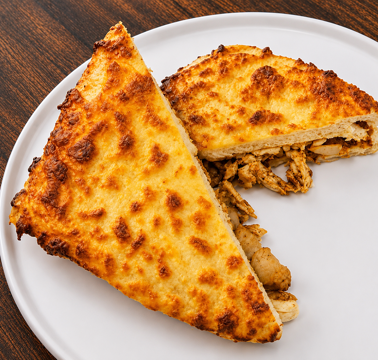 Spicy chicken toastie cut in half on a white plate