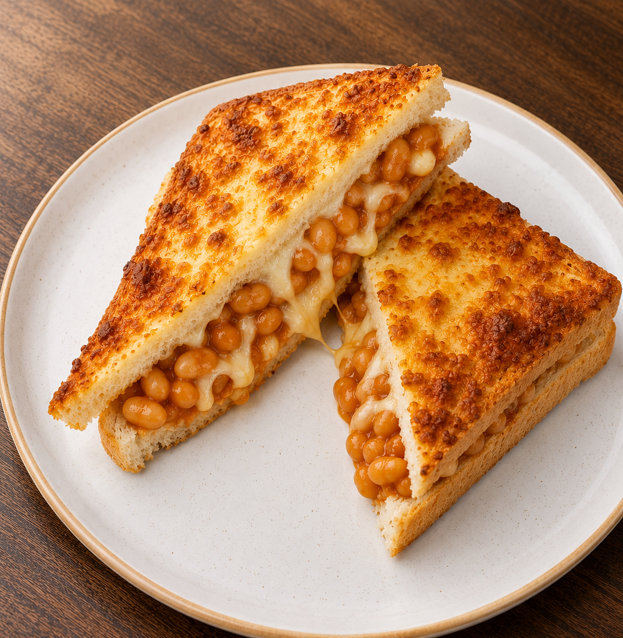 Cheese and bean breakfast toastie cut in half on a white plate