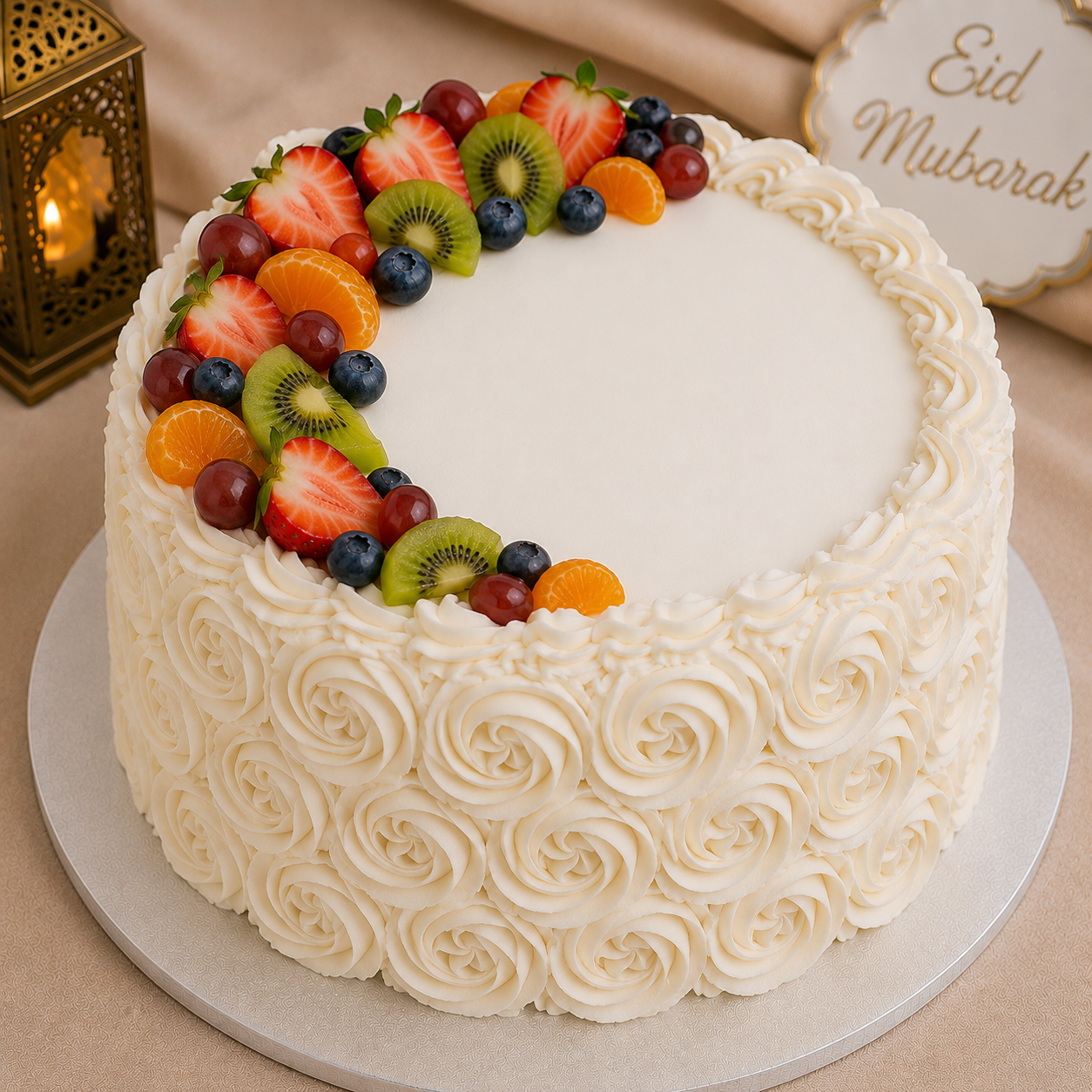 Vanilla Rose & Fruit Crescent Cake (10" Round)