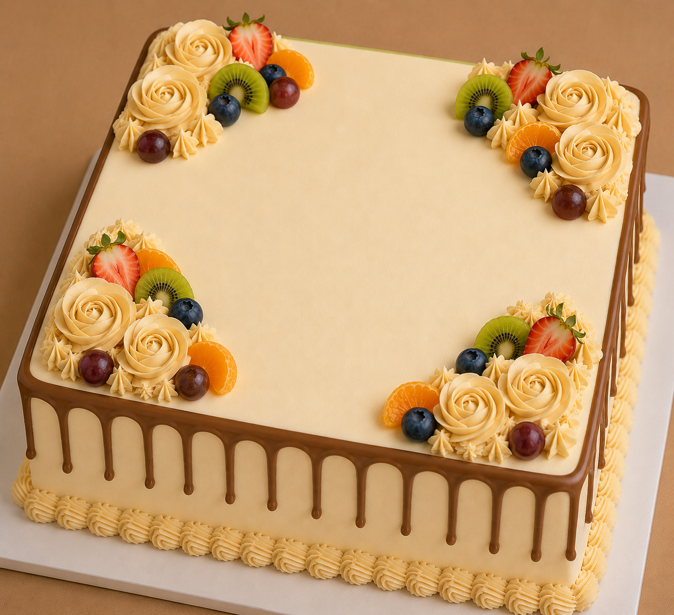 Vanilla Rose & Fruit Corner Cake (10" Square)