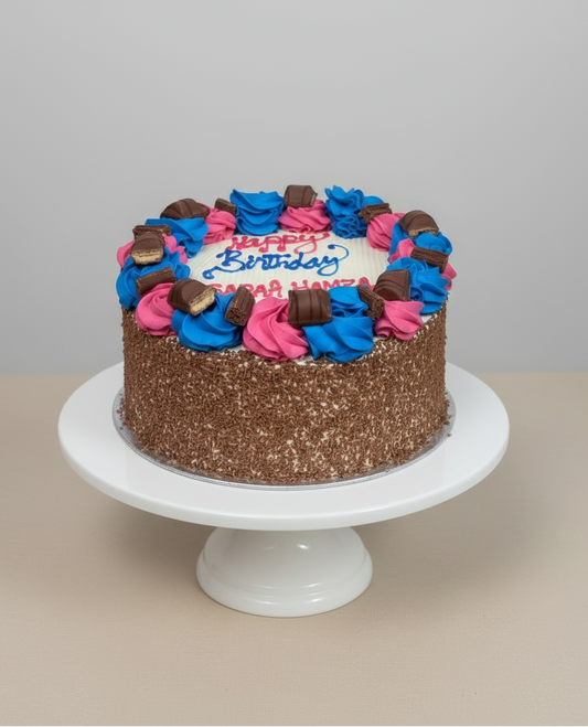 Birthday cake from elevated angle on white stand