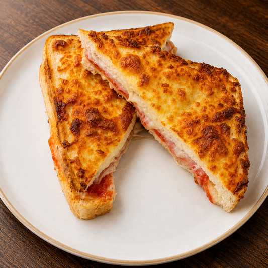 Margherita style toastie cut in half on a white plate